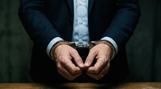 Man's hands in handcuffs conveying tension and despair in a dimly lit setting with a focused perspective
