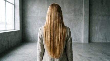 Obraz premium Woman with Long Blonde Hair in Modern Concrete Room