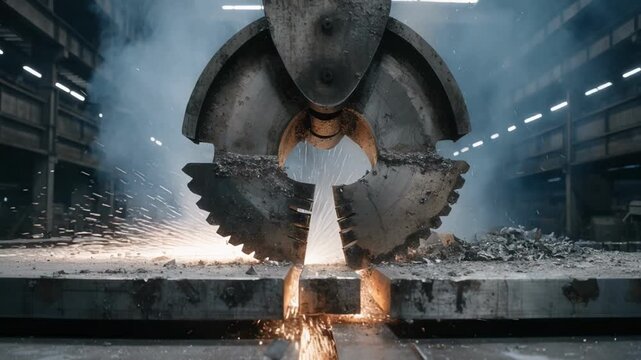 Medium shot of thick metal plates being crosscut by precision shears showcasing industrial strength and accuracy in heavy plate fabrication processes.