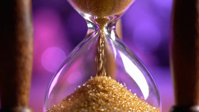 Closeup view of sand flowing in hourglass timer in colorful light display capturing the passage of time and moments