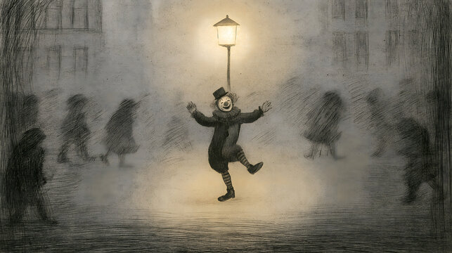 Lone clown dancing under a glowing street lamp in fog while a blurred crowd hurries past, rough ink wash and drypoint etching style