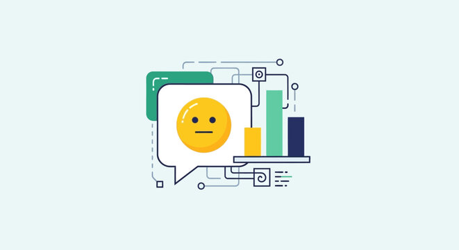 Neutral emoji feedback icon with digital bar charts.