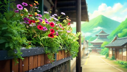 Obraz premium Colorful flowers in a wooden box with a Japanese village background