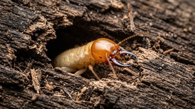 Close up macro photograph of a termite emerging from a wooden surface with detailed texture