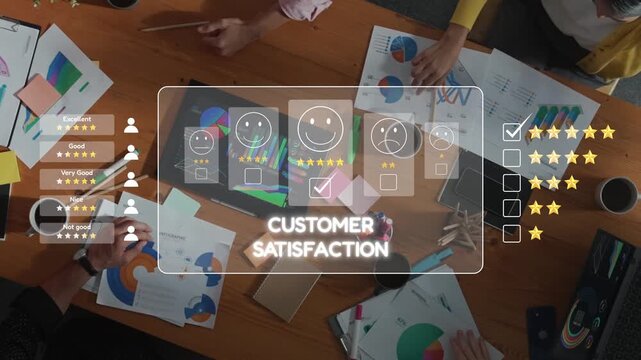 A diverse team engages in a collaborative effort to analyze customer satisfaction metrics. They discuss strategies while reviewing feedback charts in a modern office setting. Raster