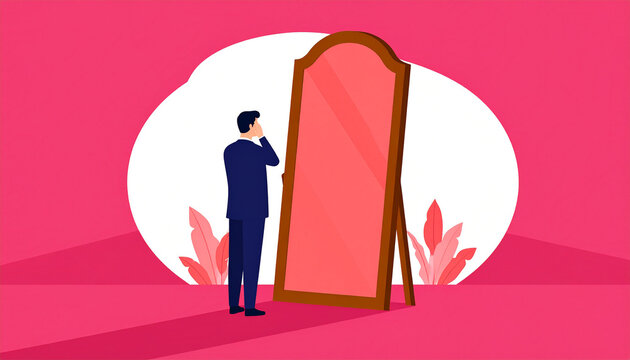 Self-Reflection in Pink Hues: A businessman in a suit contemplates his reflection in a tall, ornate mirror set against a vibrant pink backdrop with abstract botanical elements.