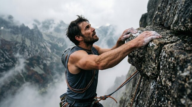 Determined male rock climber conquering steep cliff face amidst dramatic mountain landscape under cloudy skies