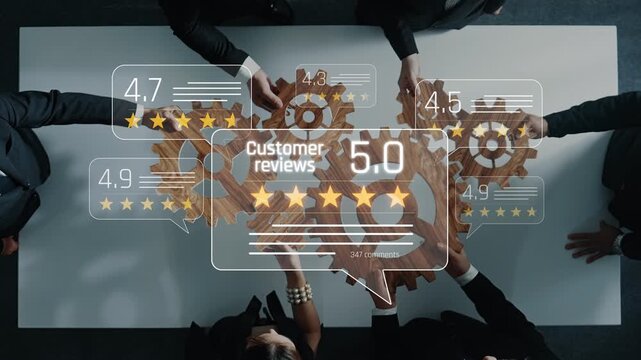 A business team collaborates over customer reviews and ratings using a digital feedback system displayed with gears on a modern office table, emphasizing teamwork and strategy. Raster