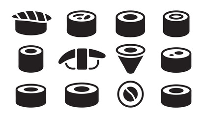 Various sushi roll and nigiri icons in bold black solid style for japanese cuisine menu. © VANU