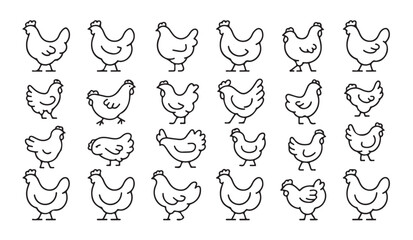 Set of chicken line art icons showing poultry in various positions and poses on white. © VANU