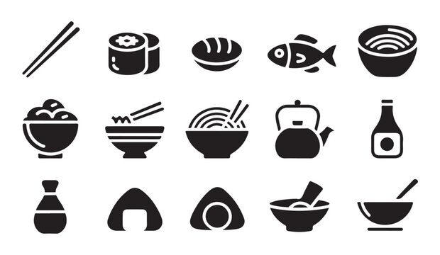 Set of asian food icons featuring ramen noodles sushi and drinks for restaurant menu style.