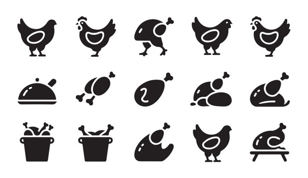 Set of chicken and roasted poultry food icons in solid black style for restaurant menus.