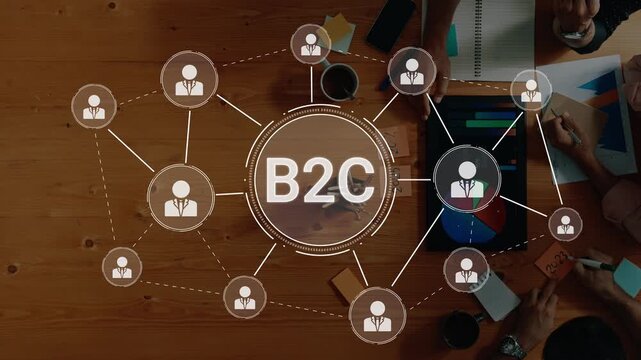 Visual representation of a Business to Consumer model depicting connections among people and businesses, set in a collaborative office environment. Raster