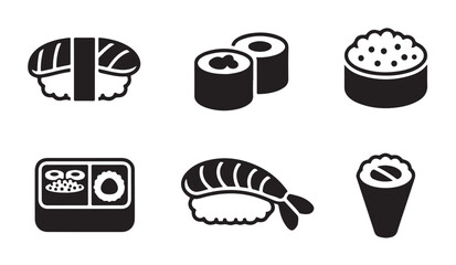 Various sushi roll and sashimi icons depicting japanese cuisine seafood dining options. © VANU