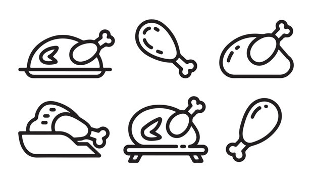 Set of chicken meat icons featuring roasted poultry and drumsticks in simple line styles.