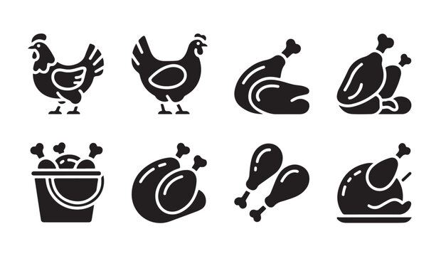 Collection of chicken food icons featuring fried poultry meat pieces bucket and platter.