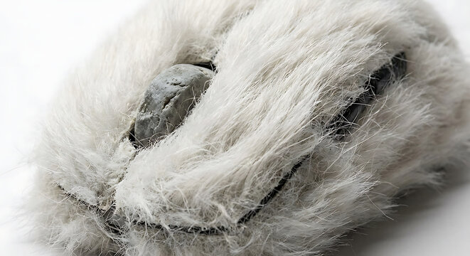 Surreal furry computer mouse with stone scroll wheel on white