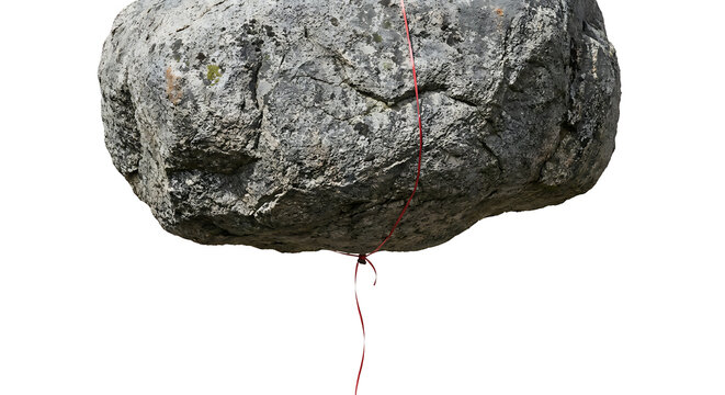 Surreal massive boulder floating held by a thin red ribbon on white