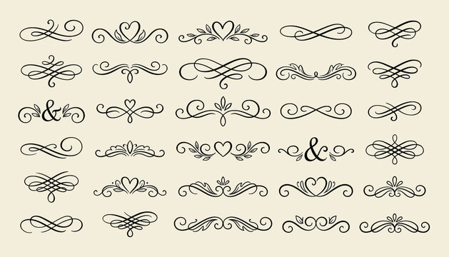 Ornate vintage frames and scroll elements. Classic calligraphy swirls, swashes, floral motifs