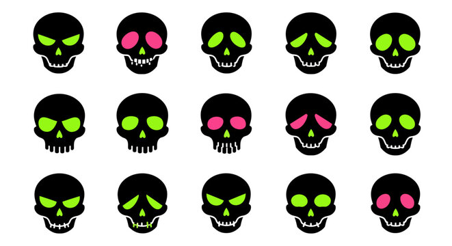 Set of black skull icons with glowing green and pink eyes on white background, halloween vector illustration