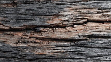 Naklejka premium Weathered dark wooden texture with deep cracks and natural grain.