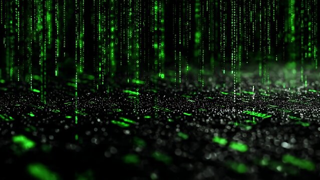 Abstract binary digital matrix code background with falling green neon rows on dark surface