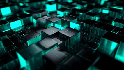 Fototapeta premium Abstract technology background featuring dark glossy cubes structure with glowing turquoise neon lights