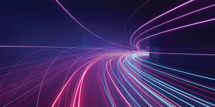 Abstract colorful neon light trails on dark background moving fast in different directions quickly