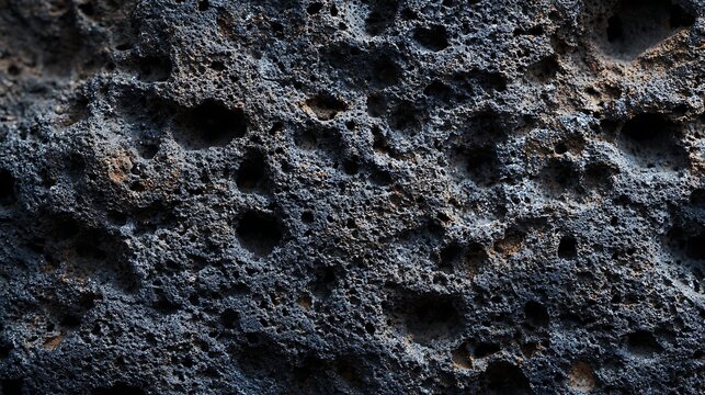 Dark volcanic rock texture with porous surface.