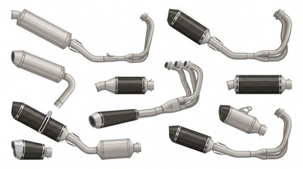 Fototapeta premium Motorcycle Performance Exhaust Vector Illustration Collection with Modern Racing Muffler Designs