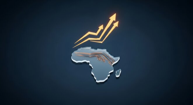 Glowing arrows rising over glass map of Africa. Financial growth and economic development concept. Digital visualization of emerging market trends and investment success in the region.