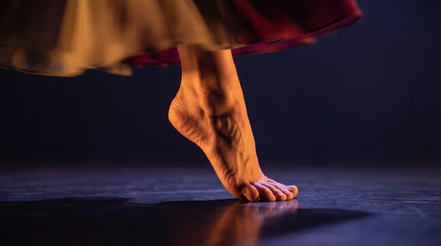 Dancers foot in motion on a dark stage