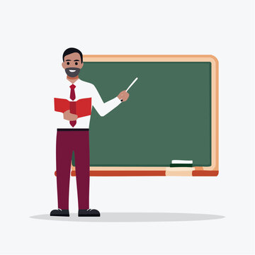 Teacher with Book and Pointer at Chalkboard