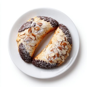 Mandelhrnchen almond crescent pastries with chocolate tips isolated on a white background