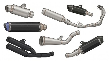 Fototapeta premium Motorcycle Performance Exhaust Vector Illustration Collection with Modern Racing Muffler Designs
