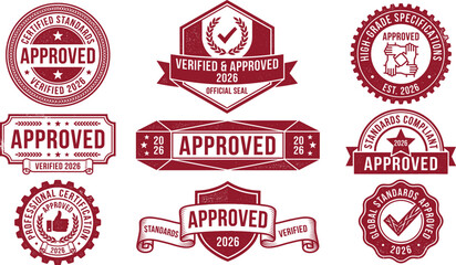 Obraz premium Approved Certified 2026 Distressed Vintage Stamp Badge Collection with Verified Official Seal Standards Compliant Professional and Global Designs