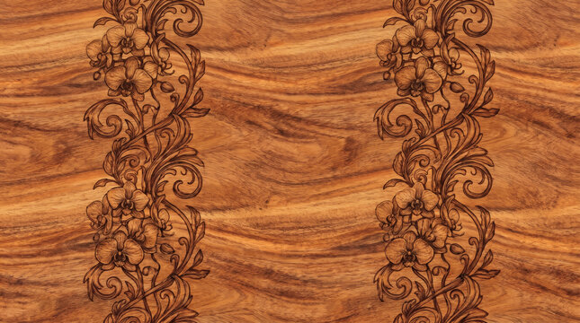 Ornate Floral Scrollwork Wood Burning Pyrography Pattern on Natural Wood Grain