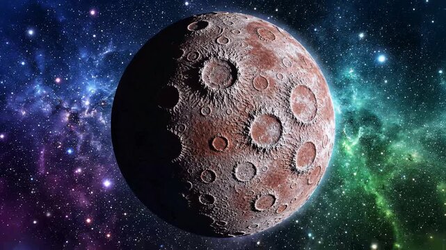 4k cinematic space footage of moon crater surface against a vibrant colorful galactic nebula background