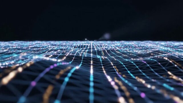 Discover a glowing digital landscape with wireframe waves and vibrant colors in the night sky