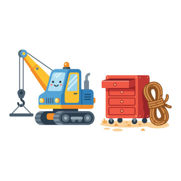 This cute vector illustration features a friendly blue crane standing next to a red rolling tool chest and a large coil of thick rope.