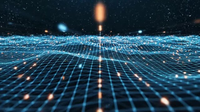 Glowing digital landscape in wireframe visualization with VSRExport effect showcasing dynamic patterns in dark space