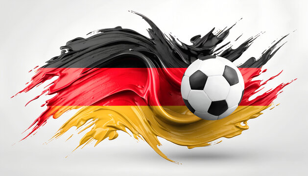 Germany flag soccer ball with dynamic thick paint splash on white background premium football tournament commercial graphic asset