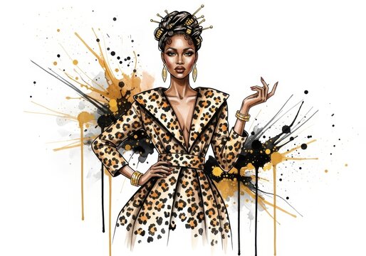 Fashion illustration of African American woman wearing leopard print coat. Digital sketch of stylish model with creative hairstyle and gold jewelry. Artistic portrait for fashion magazine.