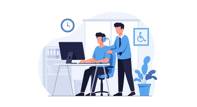 Flat vector illustration of a male employee using a computer and wearing a hearing aid, assisted by a supportive colleague in an inclusive workplace with an accessibility sign.