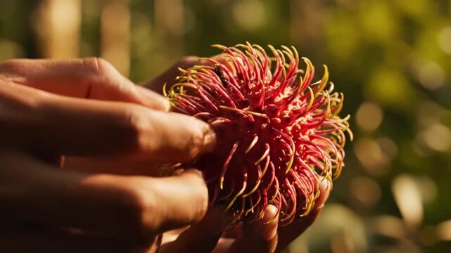 Close-up of Hand Holding a Fresh Rambutan Fruit Outdoors.