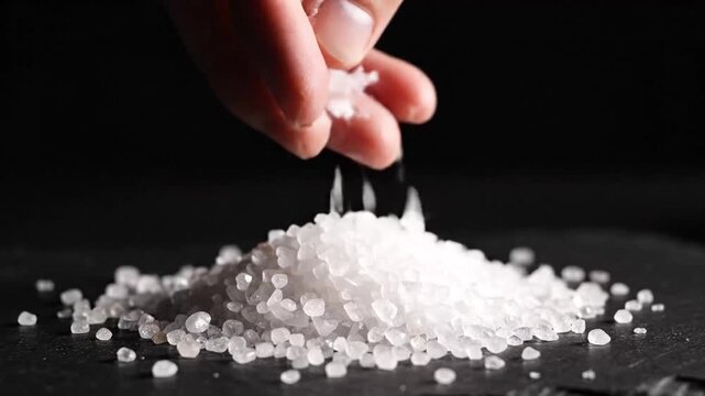 Close-up of hand sprinkling coarse salt crystals onto a dark surface.