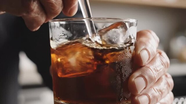 Close-up of hand stirring iced cola drink in a glass.