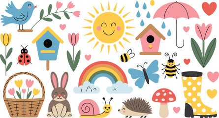 Cute Cartoon Spring and Garden Vector Icon Set with Happy Animals, Flowers, Sun, Rainbow, Birdhouses, and Rain Boots Elements for Kids Graphic Designs © Ismail
