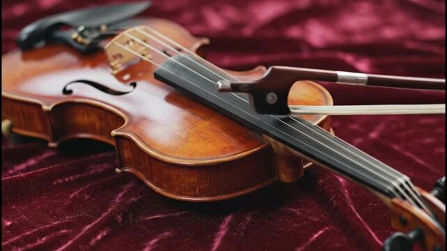 A close-up shot of a violin and bow resting on a rich, dark red velvet cloth, highlighting the instrument's polished wood and intricate details.