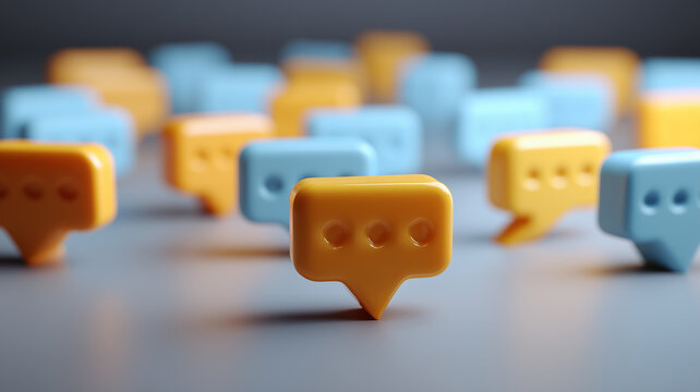 Speech bubbles arranged in a conversation scene, representing communication, messaging, customer feedback, discussion, and digital social interaction.
